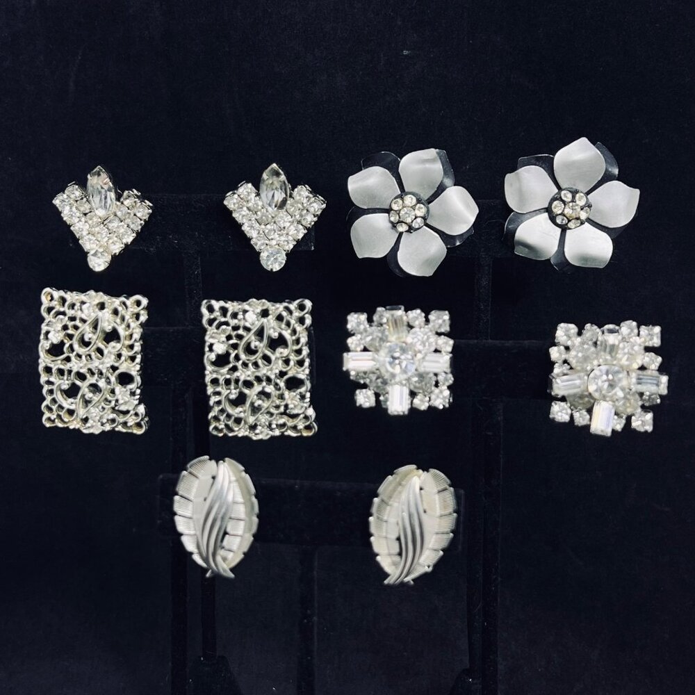 Vintage Lot Of 5 Silver Tone Clip On Earrings (5279)
